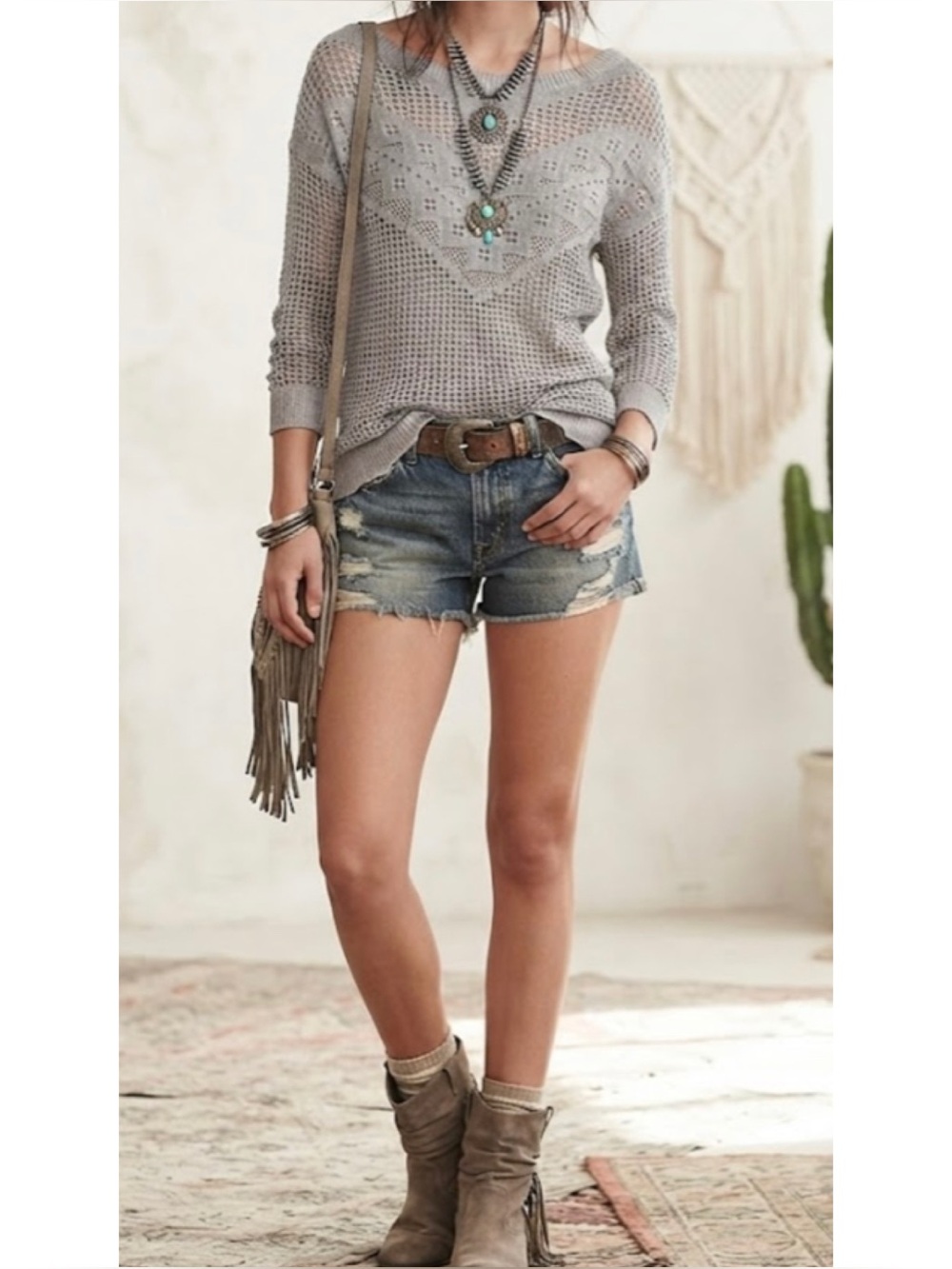 American Eagle Open Intricate Knit 3/4 Sleeve Sweater Gray Taupe